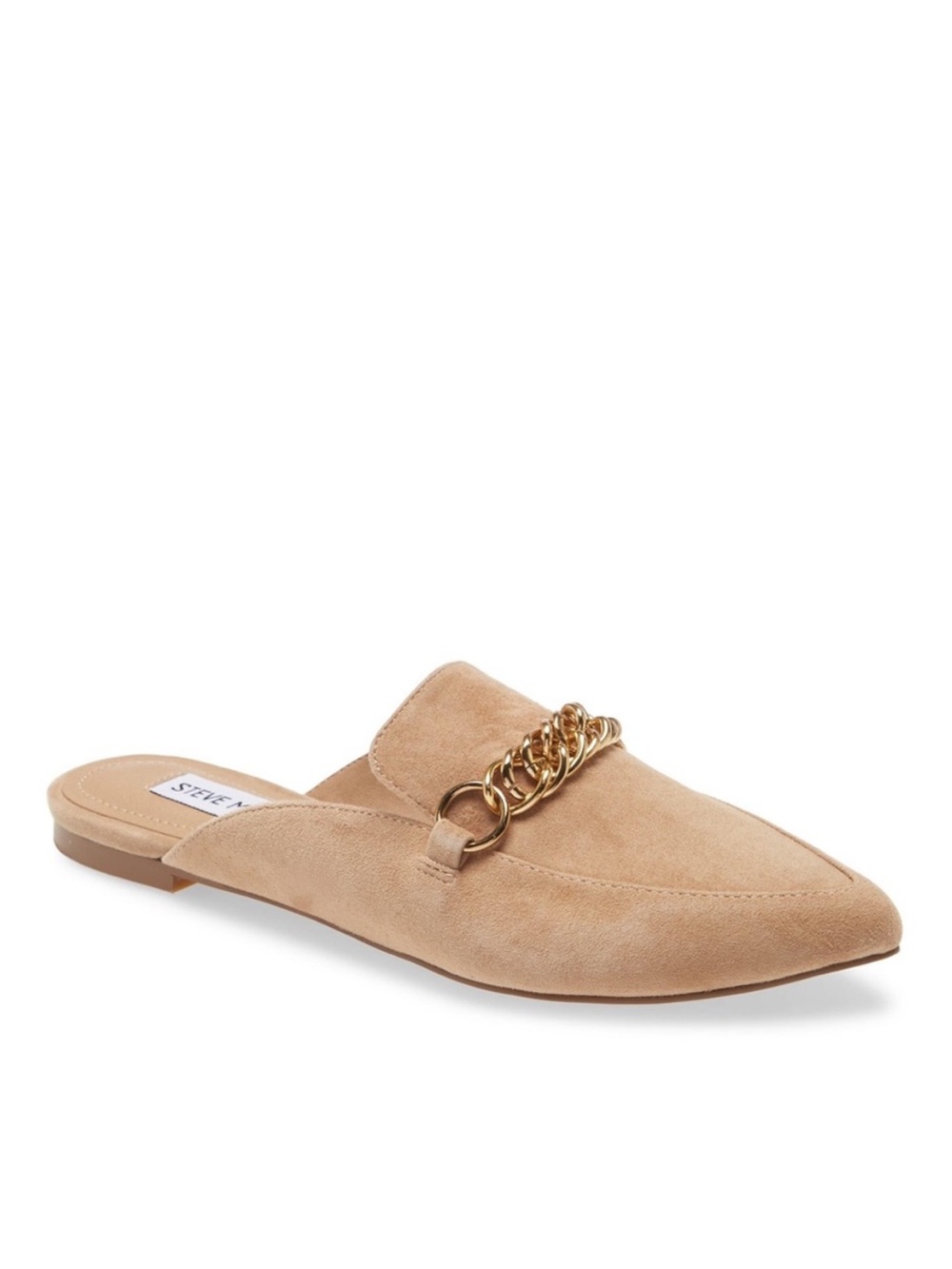 Steve Madden Forever Chain Pointed Toe Mule Loafer Tan Suede Gold Chain NWT 7.5